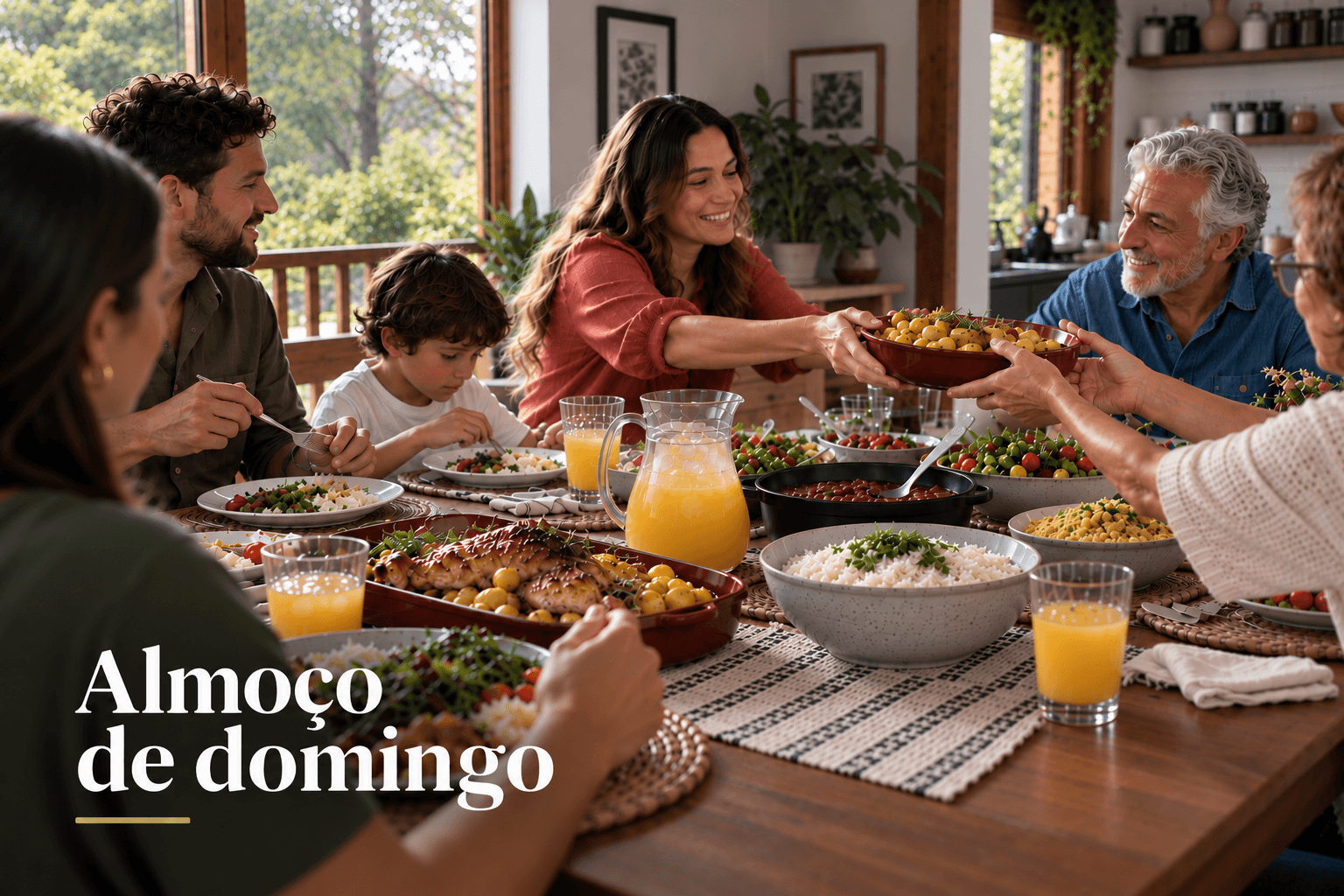 Mesa de almoço em família, pudim chegando à mesa